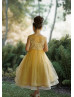 Pearl Beaded Neck Lace Tulle Flower Girl Dress With Horsehair Hem